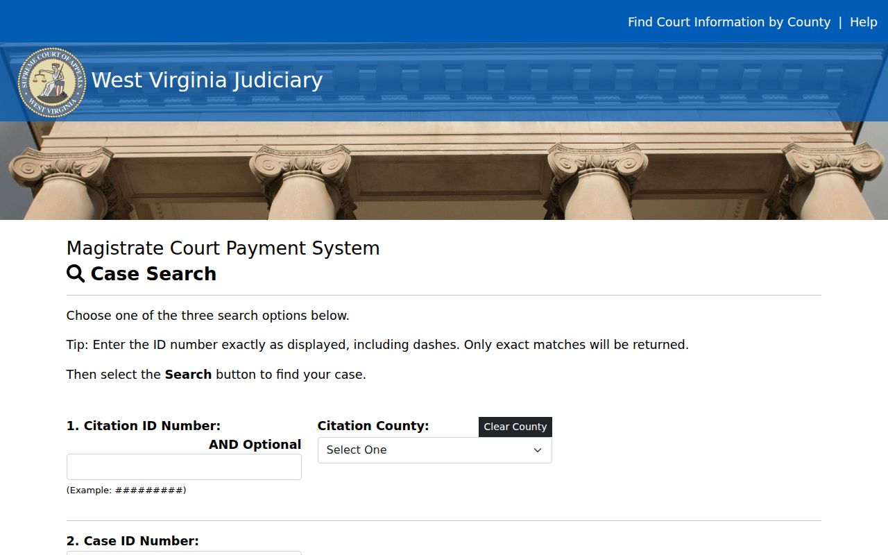 Ohio County case lookup fields in the magistrate payment search
