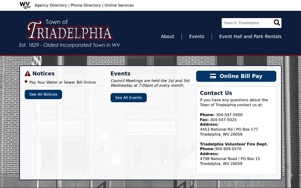 Official Triadelphia town page with National Road office contact