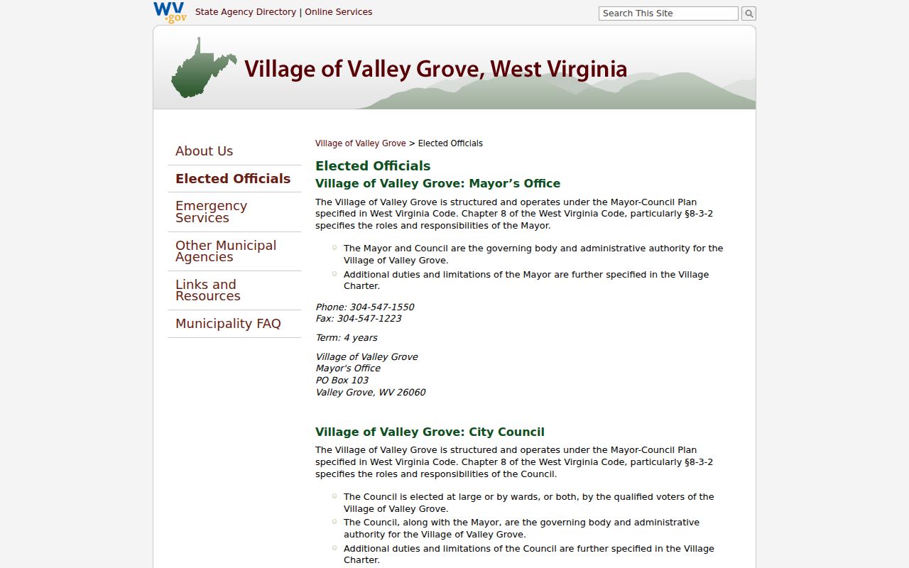 Official Valley Grove elected officials page with village contact and council schedule